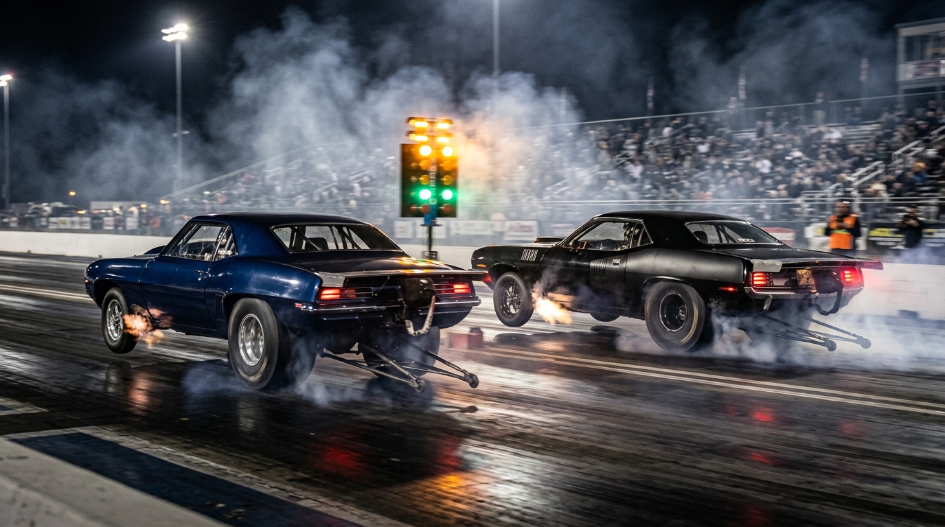 Two drag racing cars side by side at the Christmas tree staging line at night