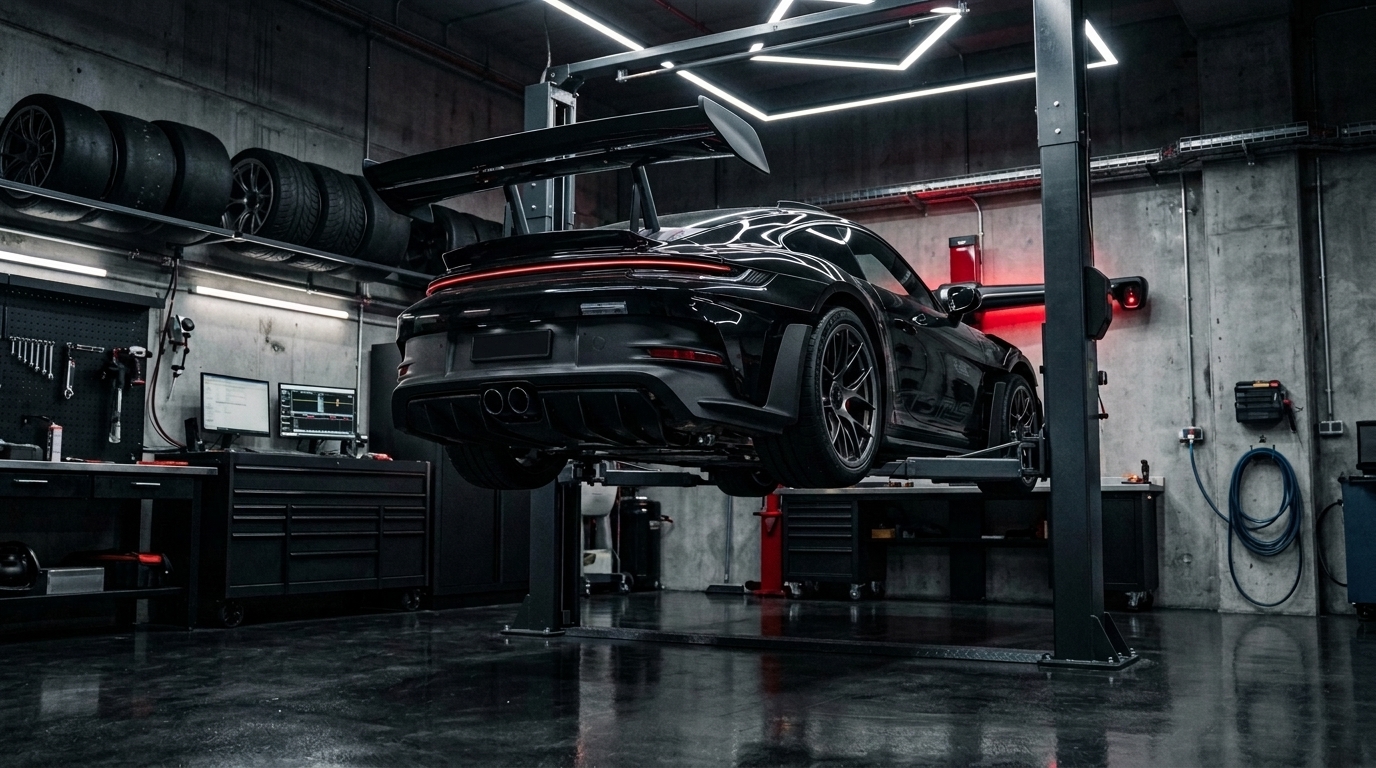 Custom widebody drag machine on hydraulic lift in concrete garage workshop
