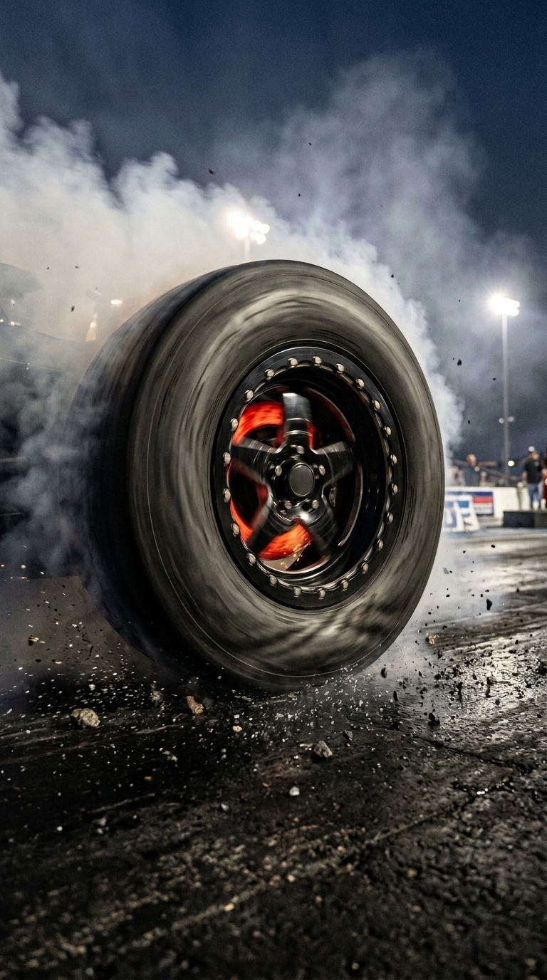 Rear drag slicks spinning in the burnout box creating dense tire smoke