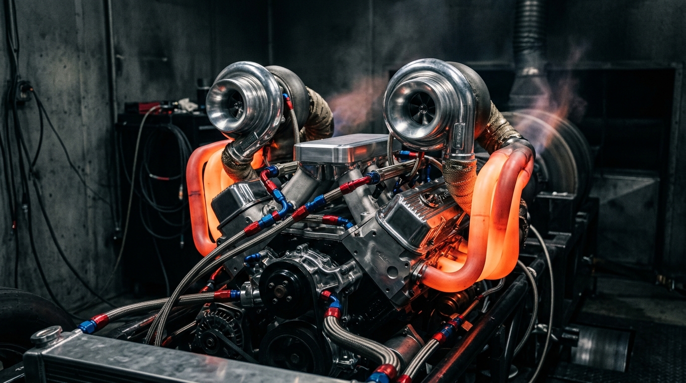 Engine bay dyno pull with twin turbochargers and glowing exhaust manifolds